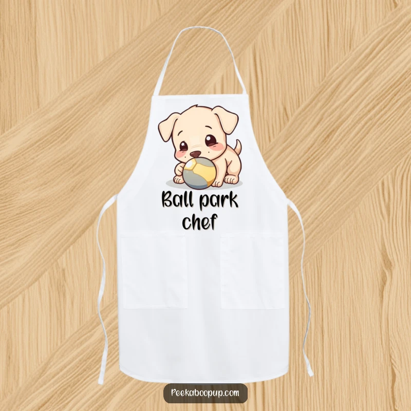 Funny apron showcasing a playful puppy nudging a ball with its nose, ideal for kitchen tasks and adding playful charm.