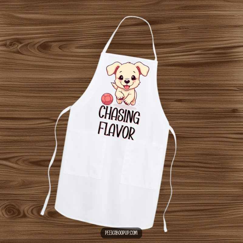 Funny kitchen apron with a cute puppy joyfully chasing a bouncing ball, adding a touch of canine charm to cooking.