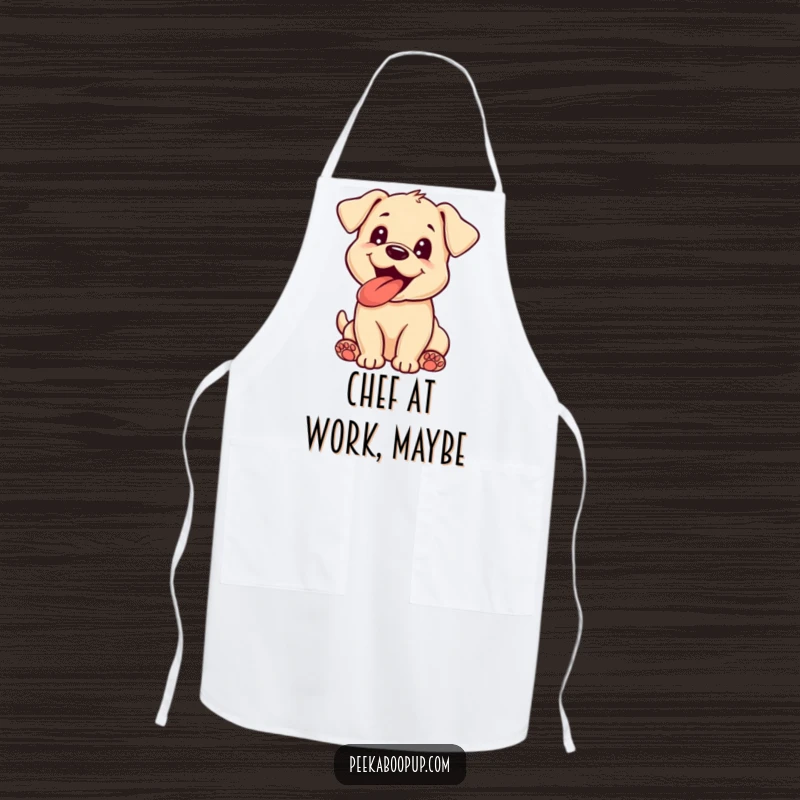Funny puppy apron illustration of an excited dog panting with its tongue out, ready to bring humor to the kitchen.
