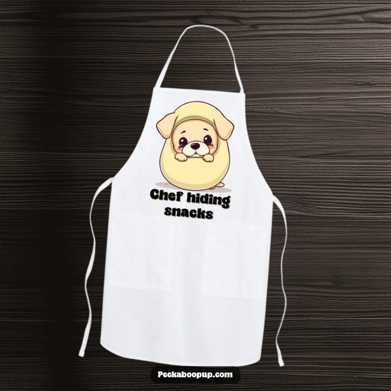 Funny apron depicting a cute puppy peeking with mischief from behind an oversized squeaky toy, ready for playtime.