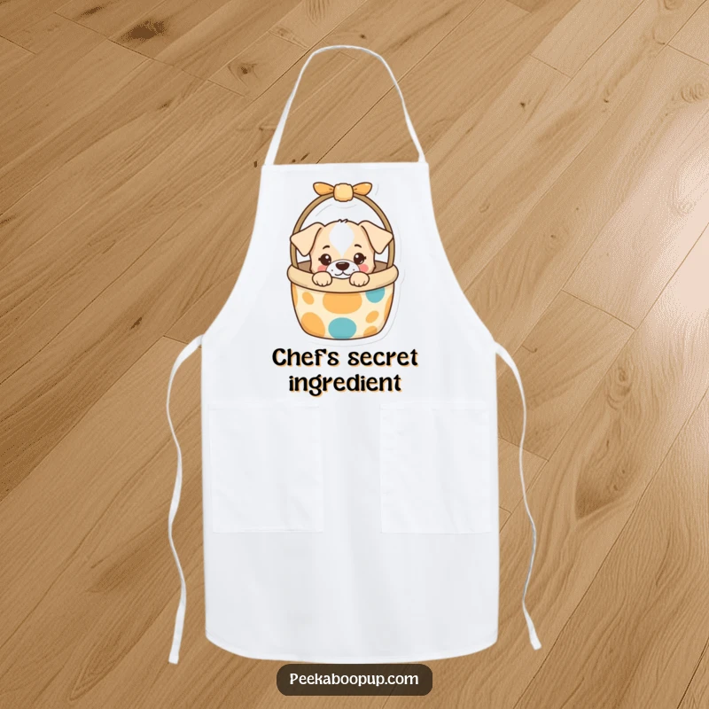 Funny Apron with a curious puppy peeking from a colorful dog toy basket, adding humorous charm and practicality to cooking attire.