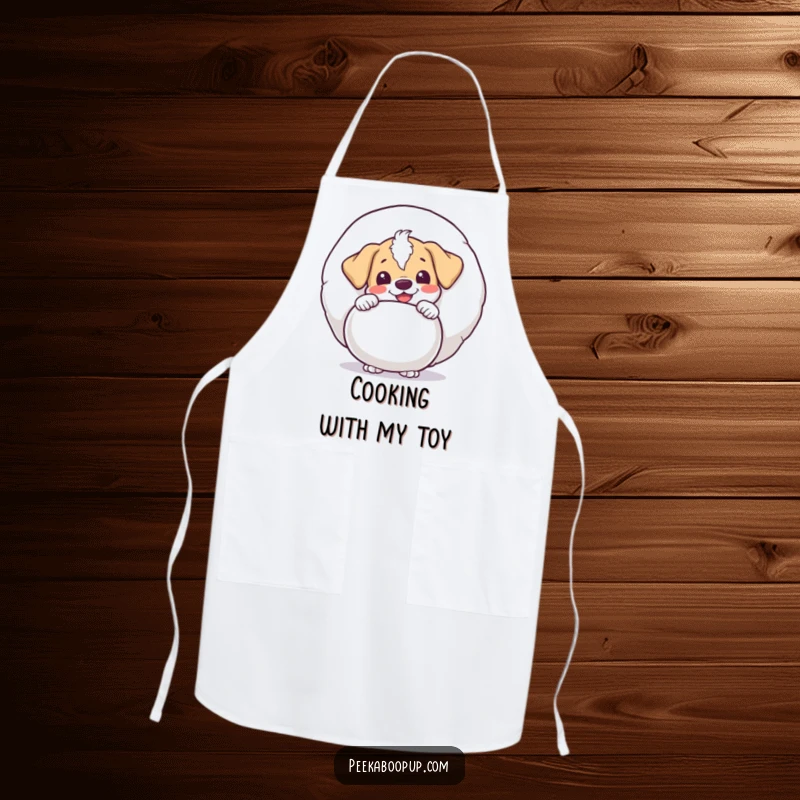 Funny puppy character peeking with delight from behind a giant squeaky toy, illustrated on a kitchen apron for a humorous cooking experience.