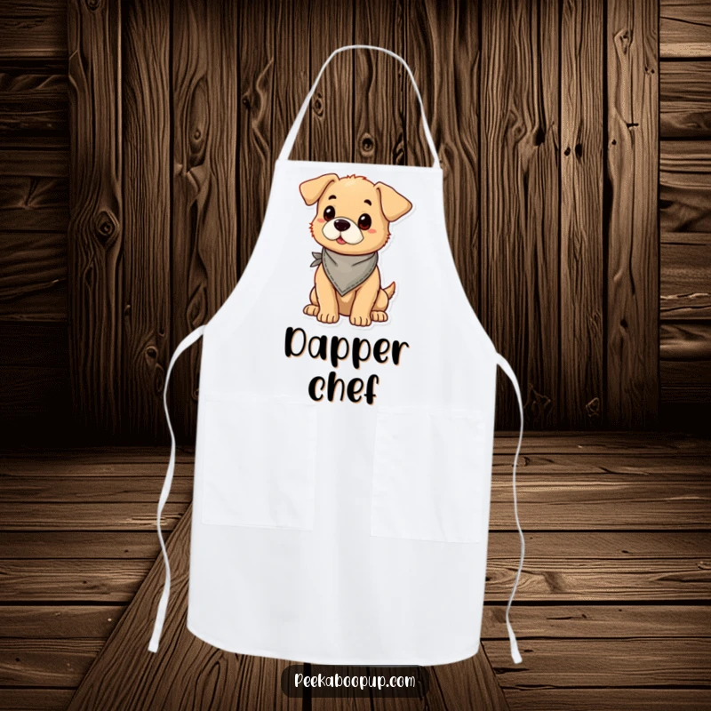 Funny puppy wearing a bandana and posing proudly, illustrated on a functional and humorous kitchen apron.