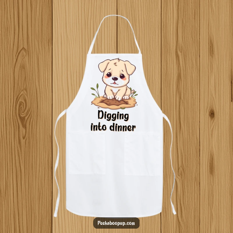 Funny puppy character apron, digging with determination, a humorous kitchen accessory for dog lovers.
