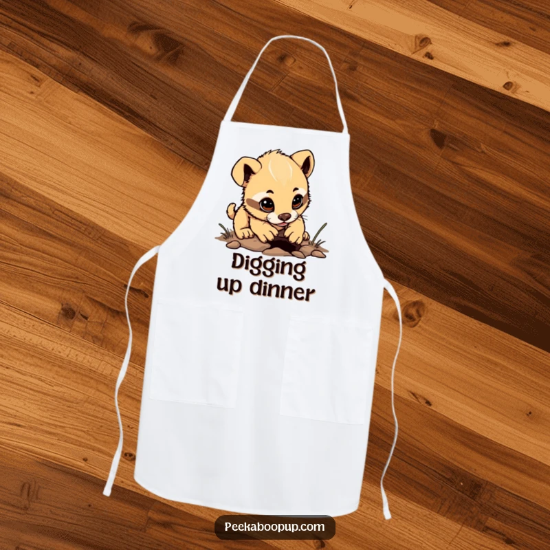 Funny puppy chef apron, determined character digging a tiny hole, cute kitchen accessory, humorous gift.