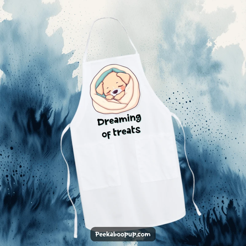 Funny Apron: Features a content, sleepy puppy curled in a soft blanket, bringing peaceful humor to the kitchen. Practical and cute.