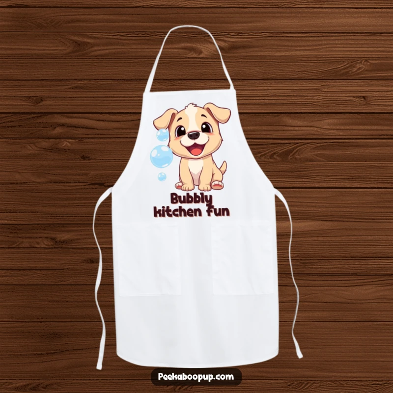Funny apron featuring a cheerful puppy playfully chasing bubbles, adding humor to kitchen tasks.