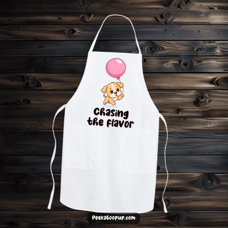 Funny apron showing a determined puppy chasing a slowly deflating balloon, ideal for kitchen tasks and embodying playful persistence.
