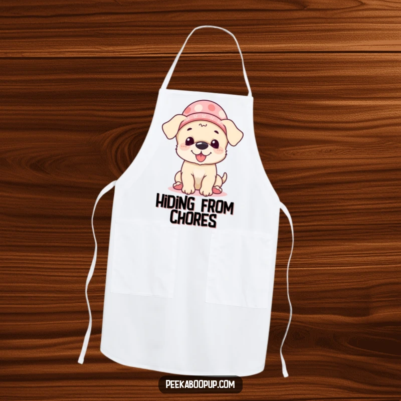Funny Apron with a giggling puppy wearing a hat and playing peek-a-boo, making kitchen duties a humorous and adorable experience.