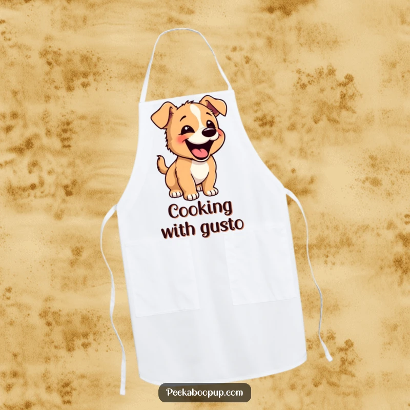 Funny Happy Puppy Apron: A happy puppy barking joyfully with a playful bounce, ready for the kitchen