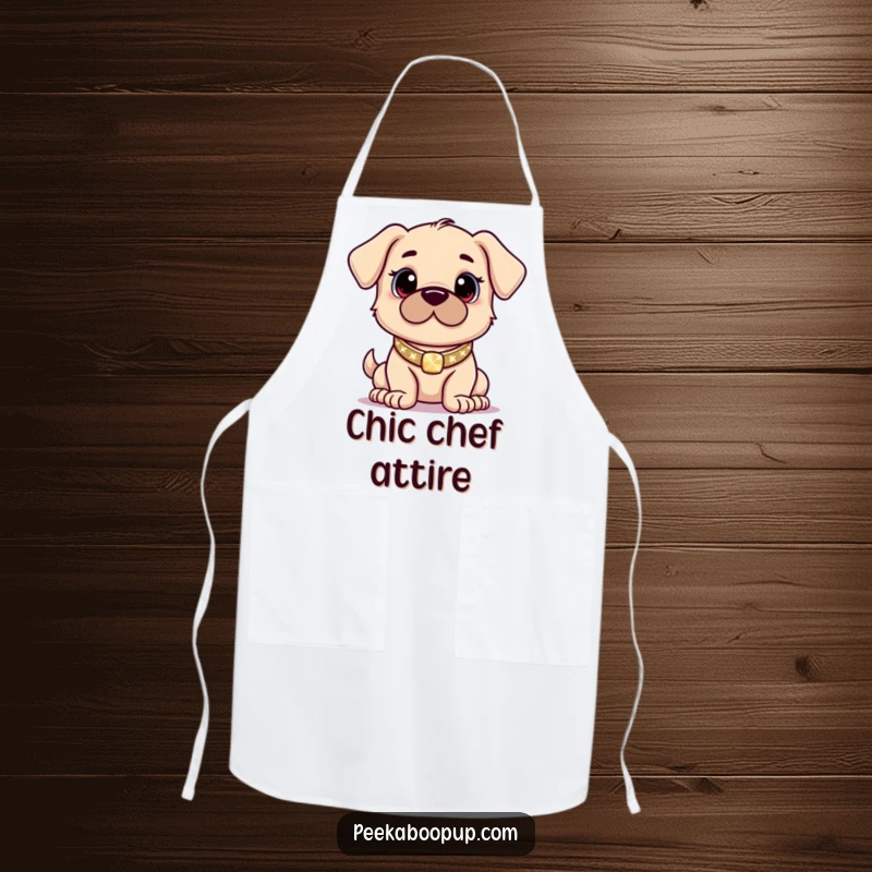 Funny kitchen apron featuring a proud puppy with a sparkling collar posing confidently, perfect for home chefs.