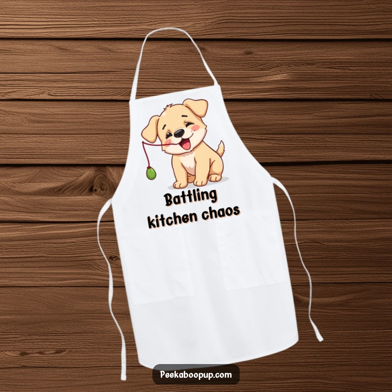 Funny Puppy Apron: A cute dog batting at a string, adding humor to your kitchen tasks