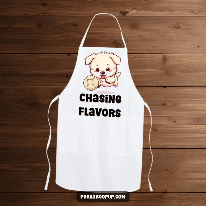 Funny puppy apron showing a fluffy puppy enthusiastically chasing a bouncing ball.