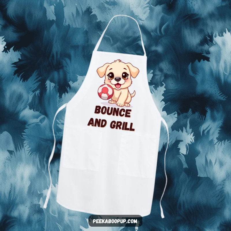 Funny apron showing an energetic puppy with wide eyes focused intently on catching a bouncing ball, ready for kitchen action.