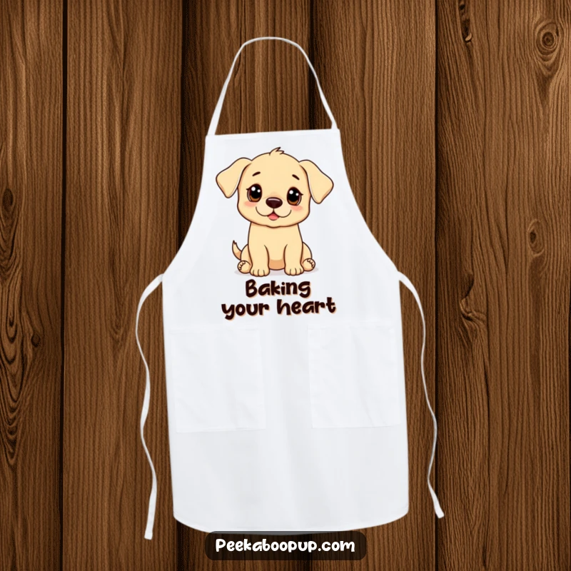 Funny puppy apron featuring a dog in a pleading begging pose, perfect for kitchen duties with a smile.