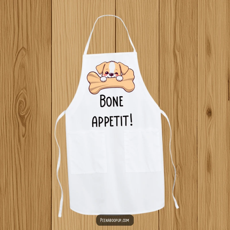 Funny puppy peeking joyfully from behind a giant striped bone on a kitchen apron, adding canine charm and humor to cooking, a gift.