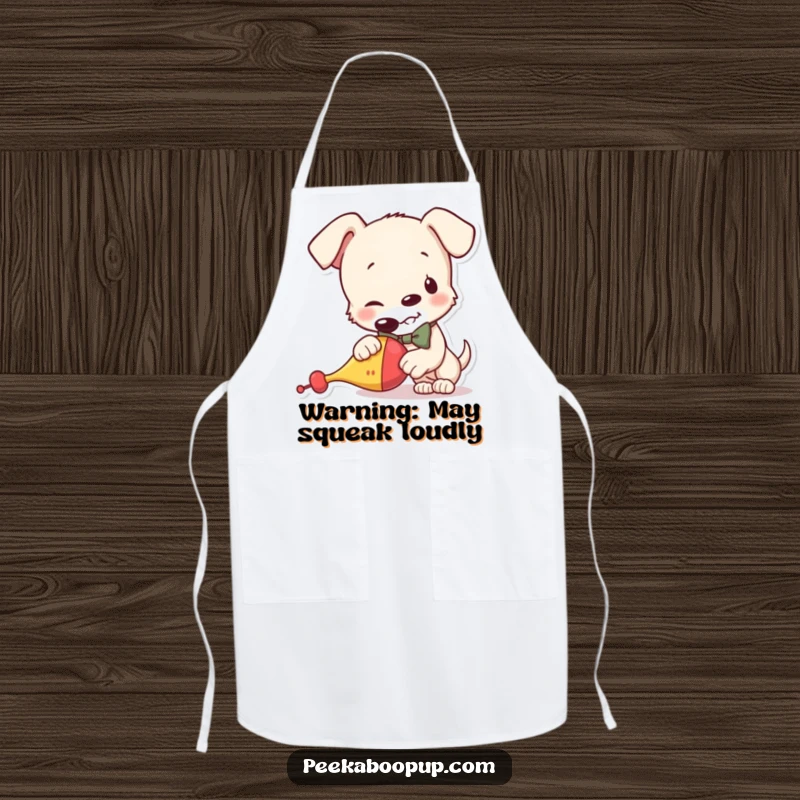 Funny apron depicting a mischievous puppy in a bowtie, engaged with a squeaky toy, perfect for a humorous and practical chef.