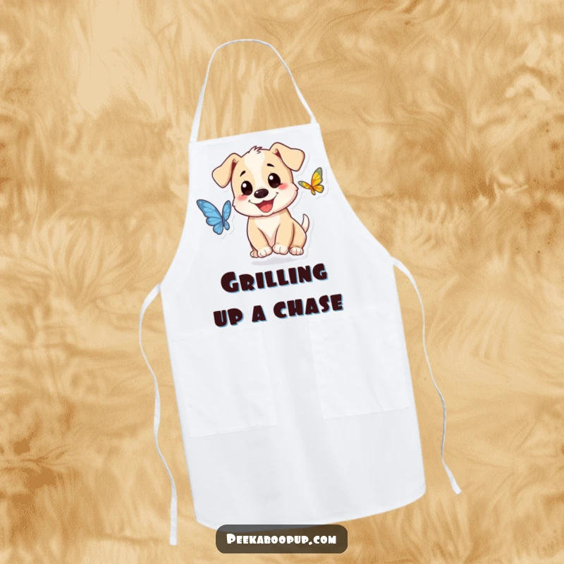 Funny puppy character apron, smiling and chasing a butterfly, a humorous kitchen accessory for dog lovers.