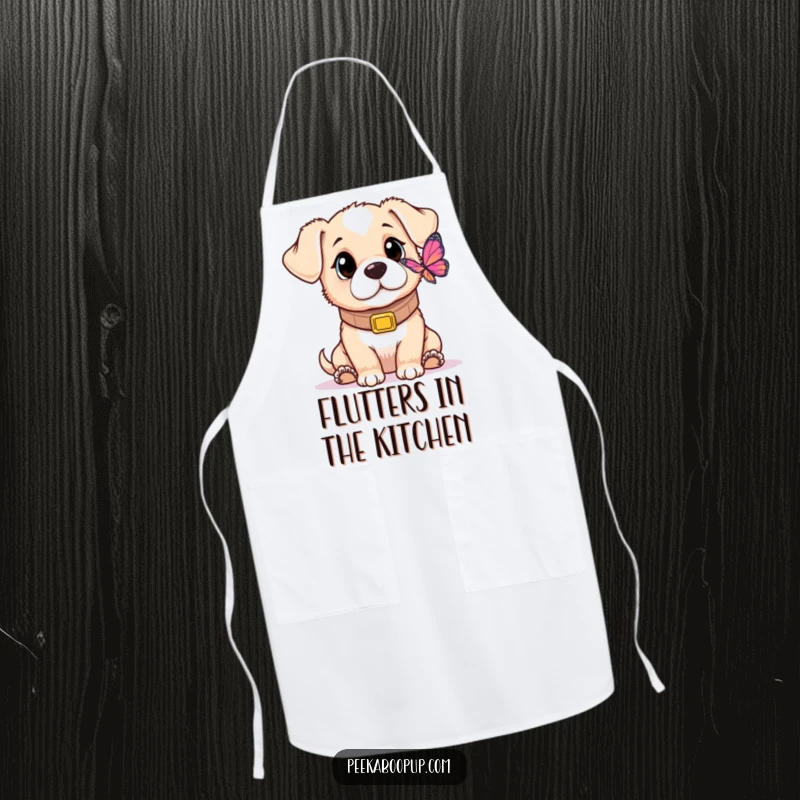 Funny apron featuring a puppy with an oversized collar, gazing with innocent curiosity at a delicate butterfly in a garden setting.
