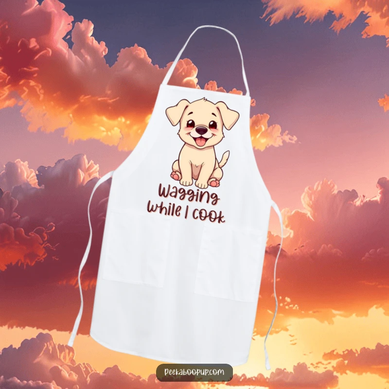 Funny puppy with floppy ears and a happy grin, tail wagging furiously, illustrated on a kitchen apron for a humorous cooking experience.