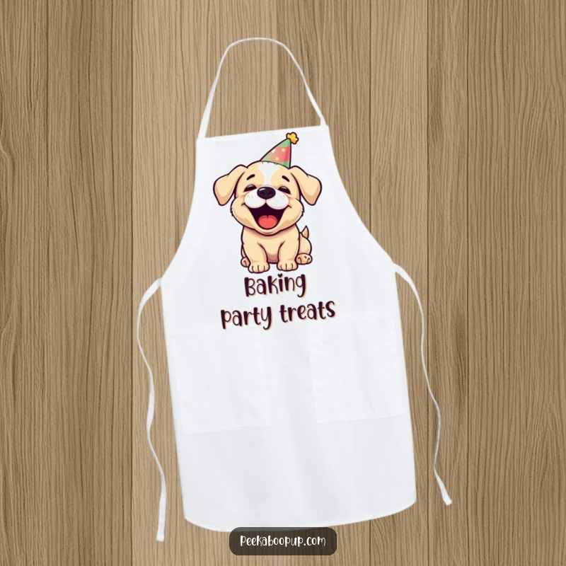 Funny puppy chef apron, character in party hat barking joyfully, cute kitchen accessory, humorous gift.