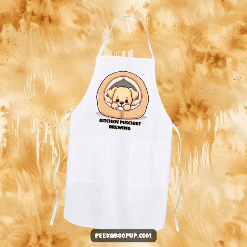 Funny apron featuring a puppy peeking mischievously from a cozy dog bed, ready for kitchen fun.