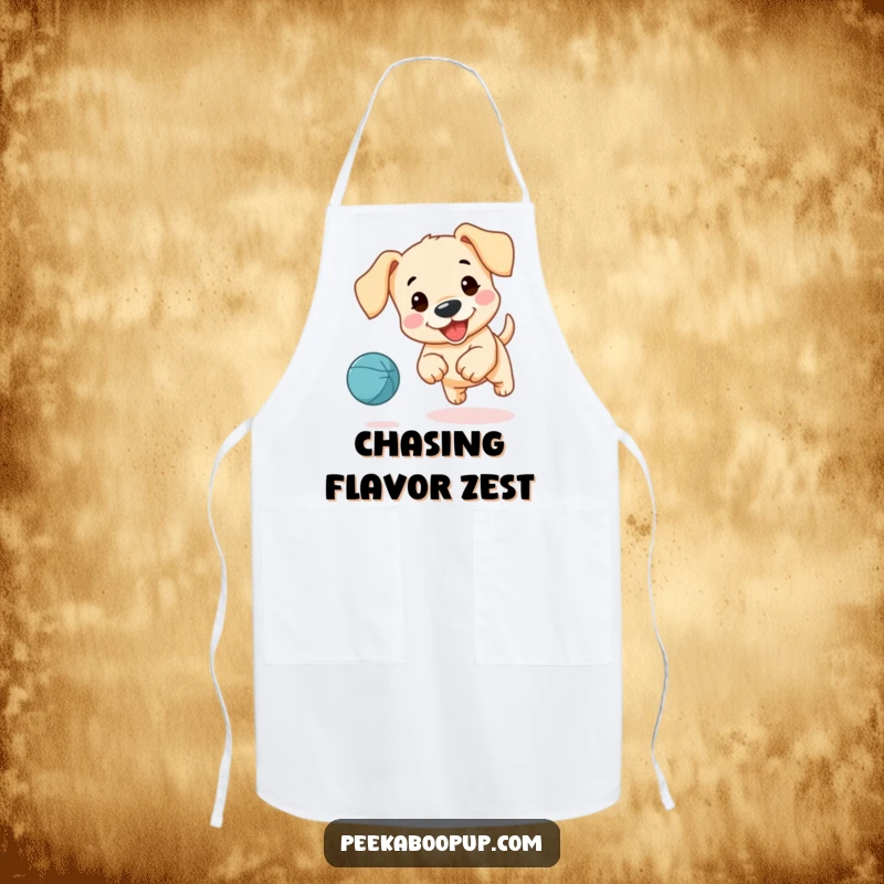 Funny apron featuring a cute puppy with floppy ears enthusiastically chasing a bouncing ball during kitchen fun.
