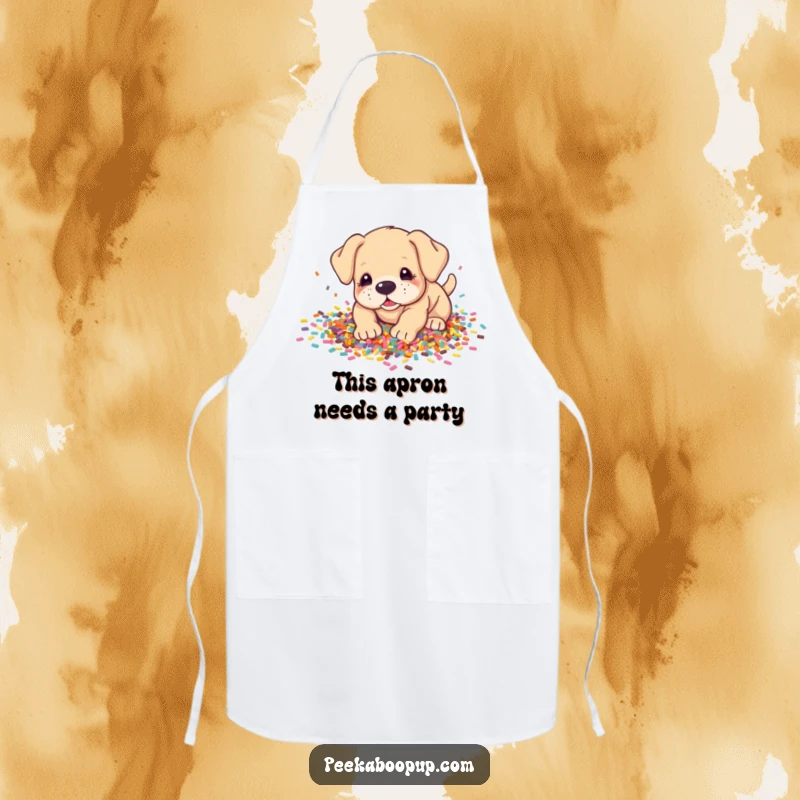 Funny Apron: A happy puppy peeking out from a huge pile of colorful confetti, ready for a messy, fun time.