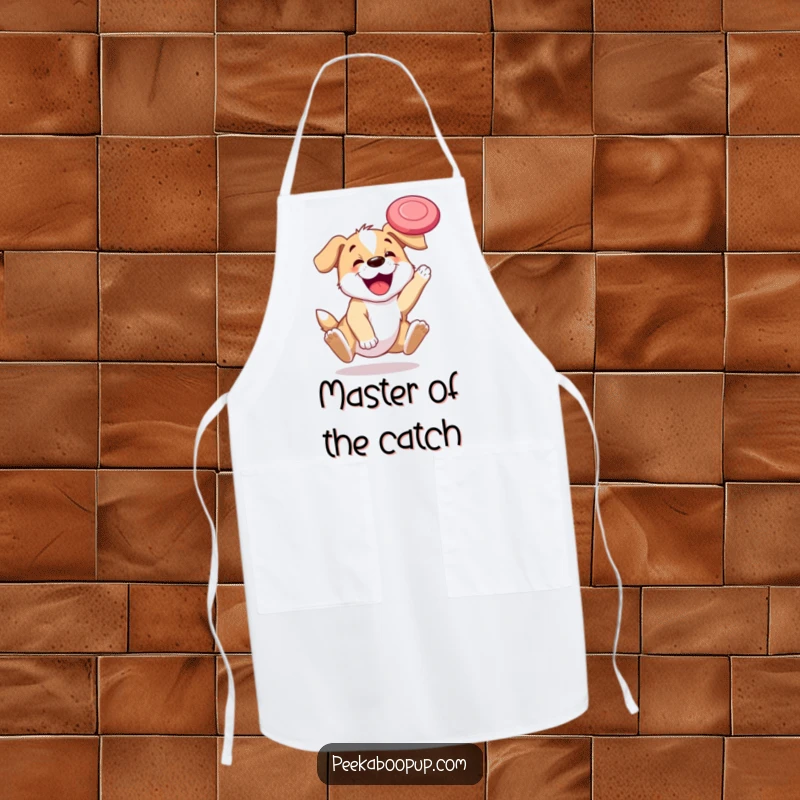 Funny apron showing a happy puppy mid-air, skillfully catching a frisbee during an outdoor play session.