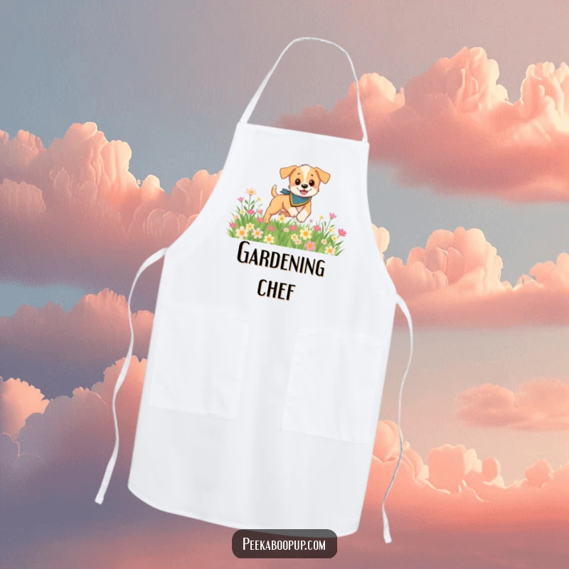 Funny kitchen apron with a playful puppy wearing a bandana, frolicking in a field of colorful flowers, adding a floral touch.