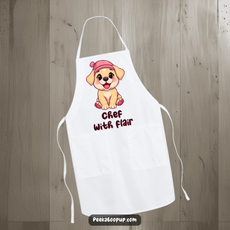 Funny apron depicting a happy puppy giggling heartily, wearing a small party hat tilted jauntily to the side.