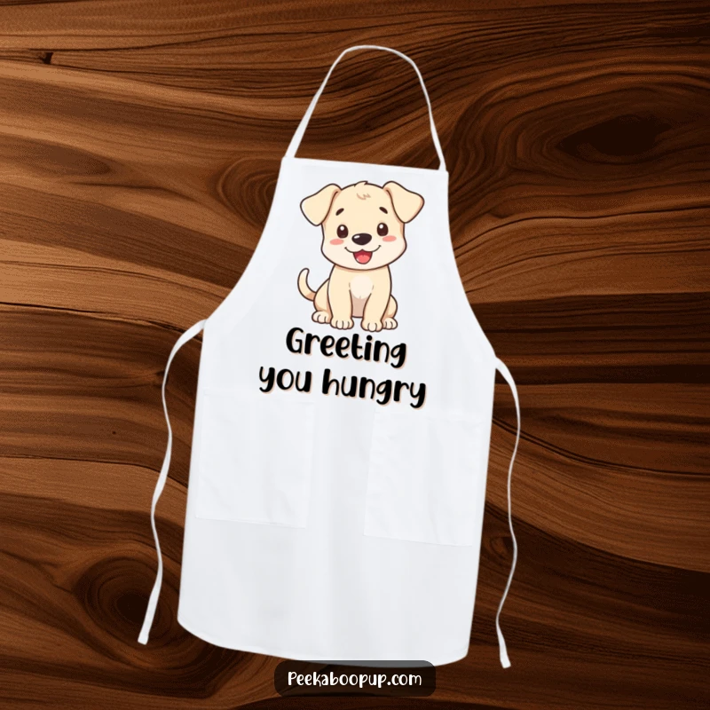 Funny Apron showcasing a cheerful puppy with a wagging tail, ready to greet you in the kitchen.