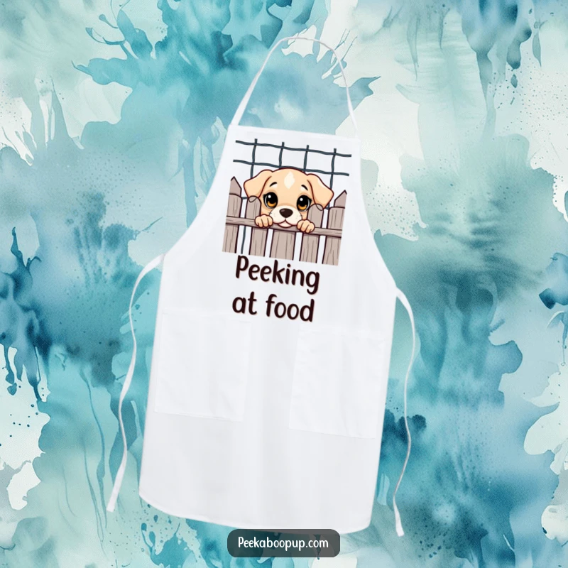 Funny kitchen apron with a curious puppy with big eyes peeking from behind a fence, adding a touch of investigative charm.