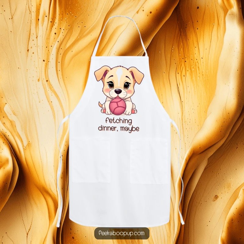 Funny Apron showing a diligent puppy focused on nudging a ball, ideal for kitchen fun and protection.