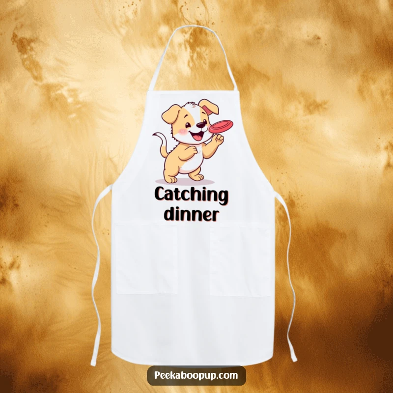 Funny kitchen apron with a happy puppy attempting to catch a frisbee, adding a touch of outdoor fun to cooking.