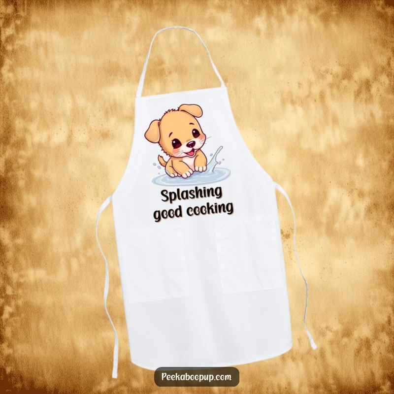 Funny puppy apron showing a dog splashing in a puddle, ideal for kitchen fun and protection with humor.