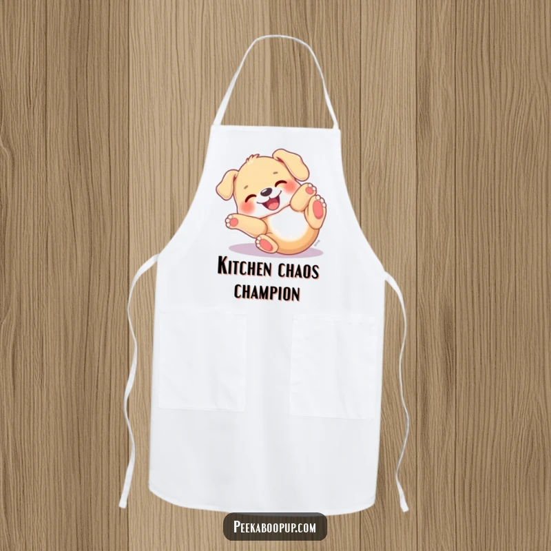 Funny Puppy Roll Apron featuring a dog with a joyful expression, rolling on its back, perfect for adding funny cheer to cooking.