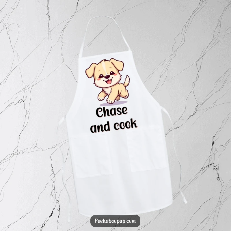 Funny apron with a charming puppy comically spinning in circles, enthusiastically chasing its own tail, ready for kitchen adventures.