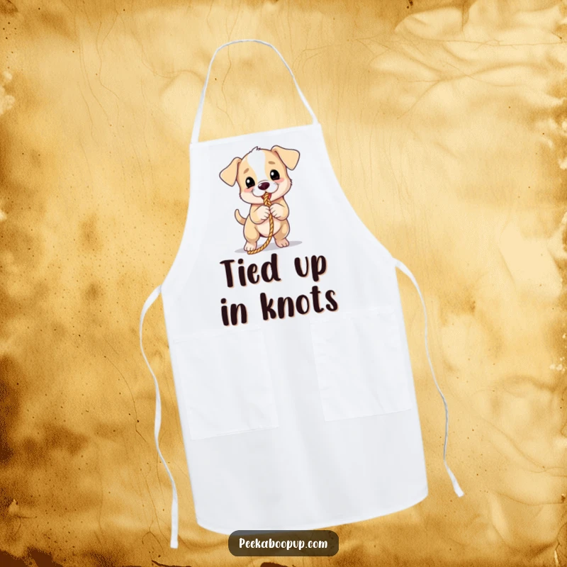 Funny puppy apron showing a dog playing tug-of-war, ideal for kitchen fun and protection.