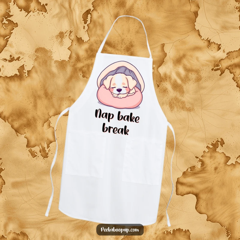 Funny kitchen apron featuring a sleepy puppy curled up in a soft bed, perfect for home chefs.