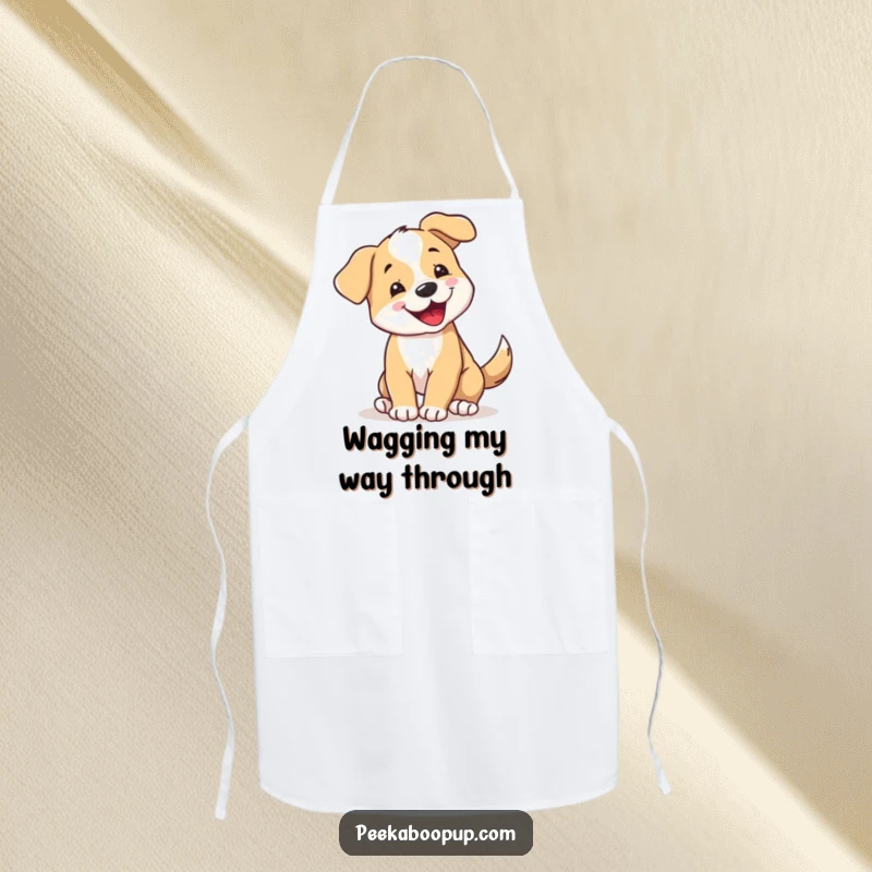 Funny Apron: Features a happy, spinning puppy with tail wagging, ready to add fun to cooking. A humorous kitchen accessory.