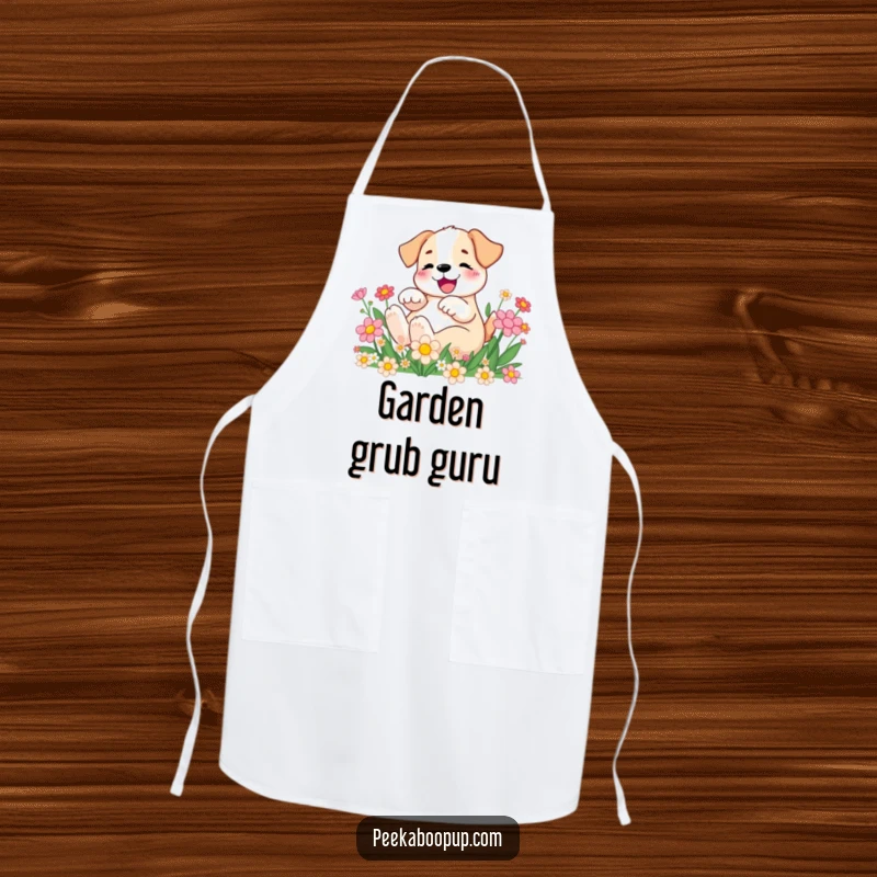 Funny Apron showcasing a happy puppy rolling in cartoon flowers, bringing floral cheer to the kitchen.
