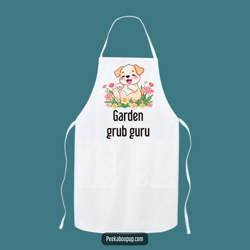 Funny Puppy Rolling in Flowers Apron: Kitchen Fun with Hilarious Pup & Blooms