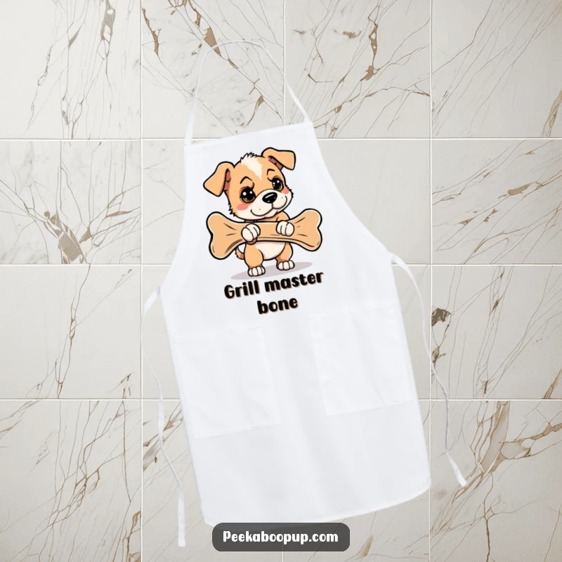 Funny kitchen apron showing a determined puppy heroically attempting to carry an oversized bone, perfect for dedicated cooks.