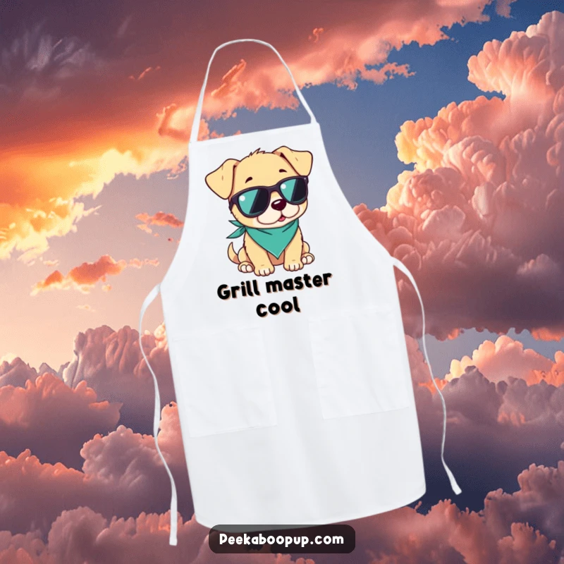 Funny apron showing a puppy wearing sunglasses and a bandana, looking cool and relaxed, ideal for kitchen tasks with style.