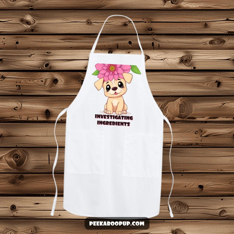 Funny Curious Puppy Apron: A puppy with curious eyes sniffing a giant flower, perfect for garden tasks