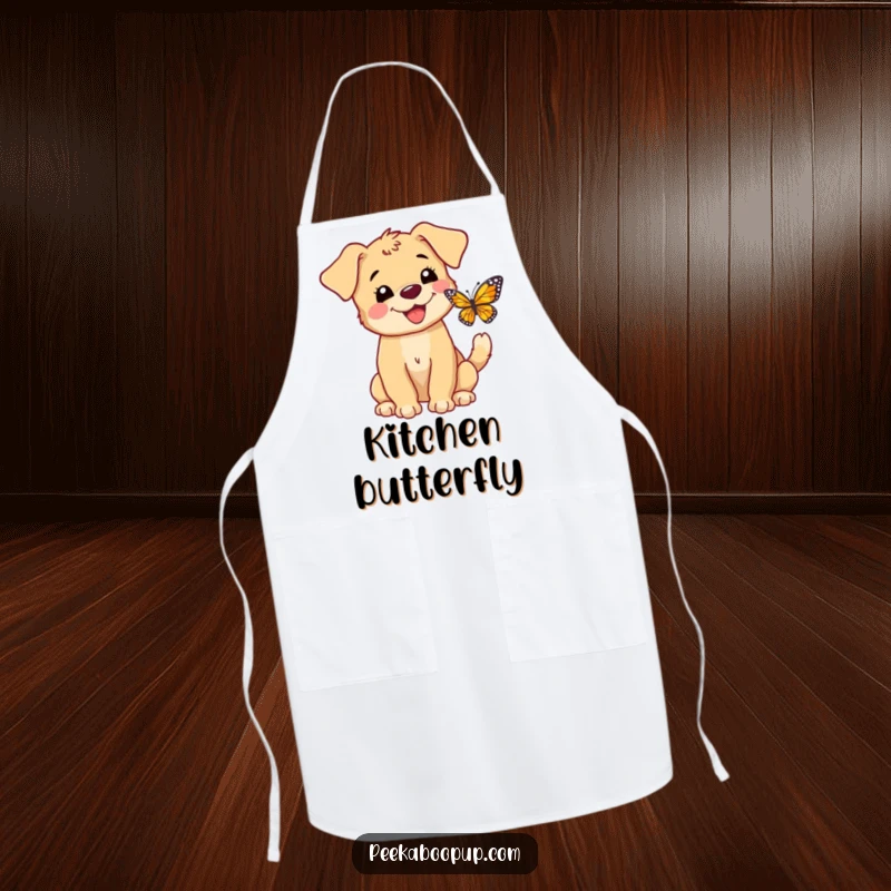 Funny kitchen apron featuring a happy puppy barking at a butterfly, tail wagging, perfect for home cooks.