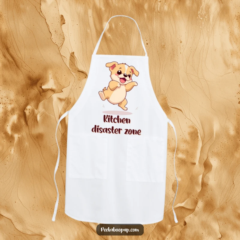 Funny apron showcasing a puppy comically tripping while attempting a leap, ideal for kitchen tasks and adding playful charm.
