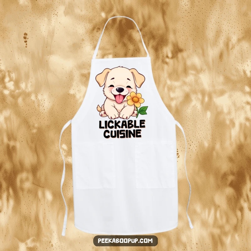 Funny apron showcasing a happy puppy joyfully licking a flower, ideal for kitchen tasks and adding playful, sweet charm.