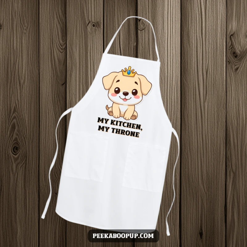 Funny Royal Puppy Apron showcasing a smiling puppy wearing a tiny crown, ideal for adding funny charm to cooking or baking.